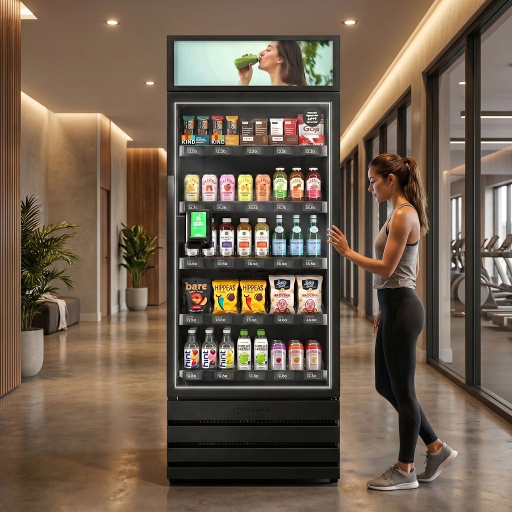 Smart vending cabinet near a fitness center in a Denver multifamily apartment building.
