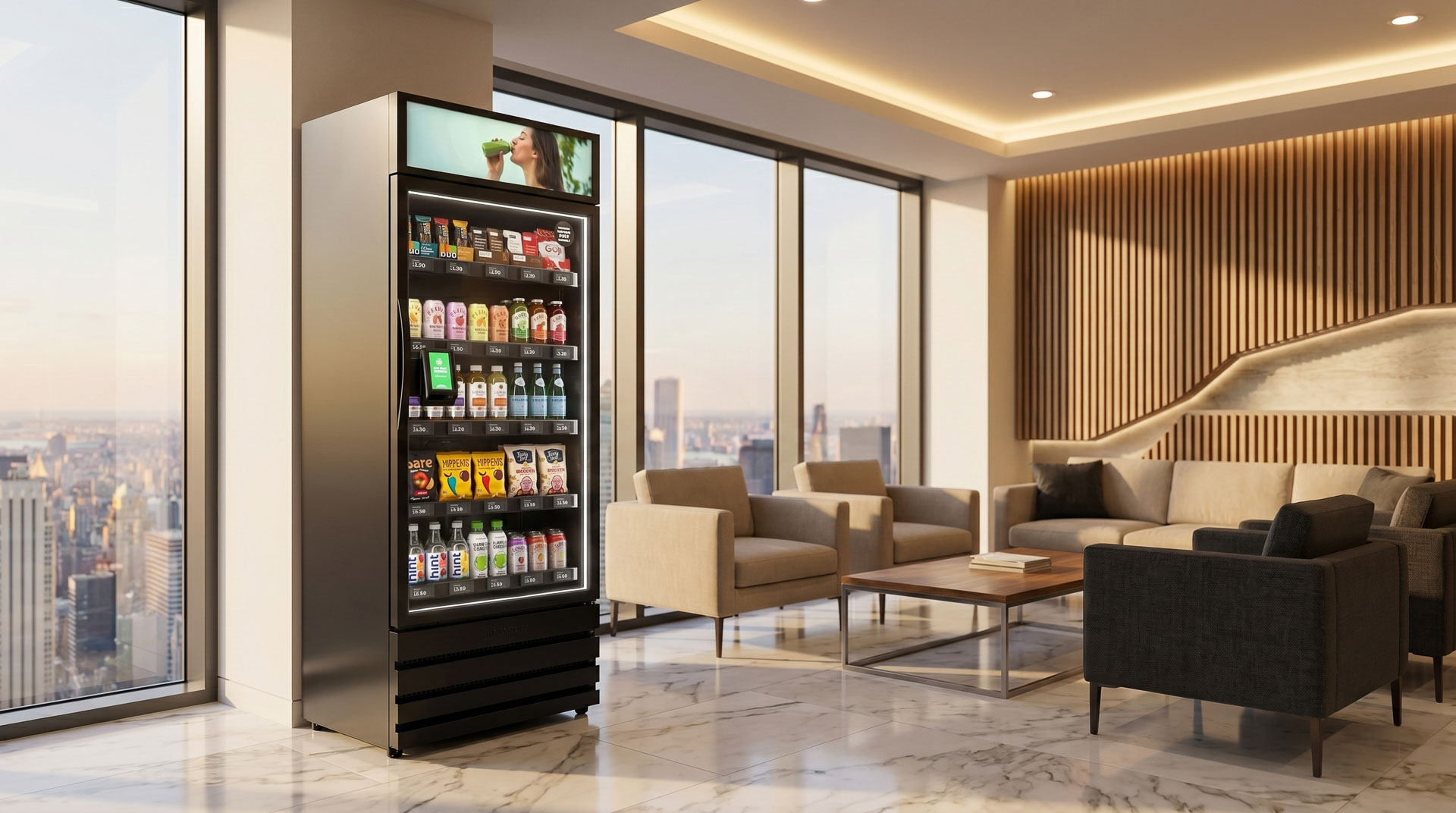 Smart vending cabinet fully stocked with popular products for employees and tenants in a luxury office building.
