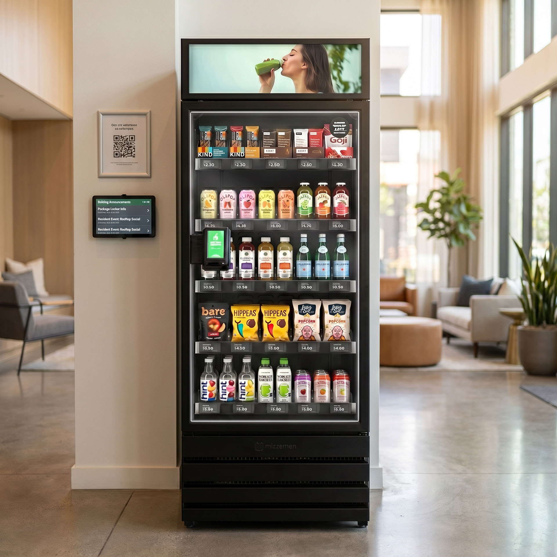 Smart vending cabinet connected to apartment property technology in a modern multifamily building lobby.