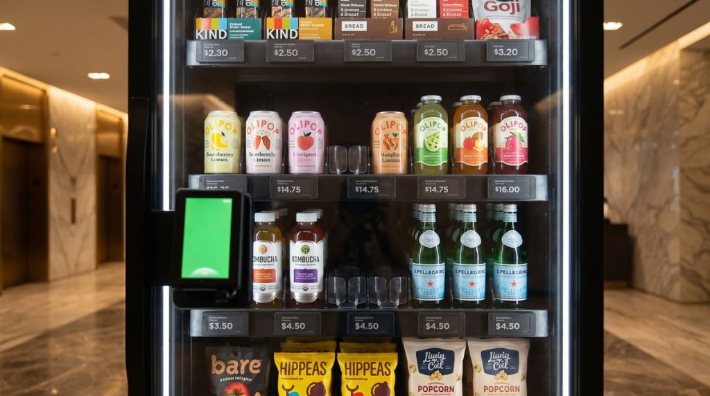 Empty product slots in a vending cabinet showing stockout problem that makes workplace amenity feel unreliable.
