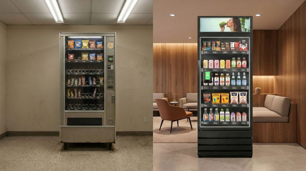 Side-by-side comparison of traditional vending machine versus modern smart vending cabinet with cashless payment.