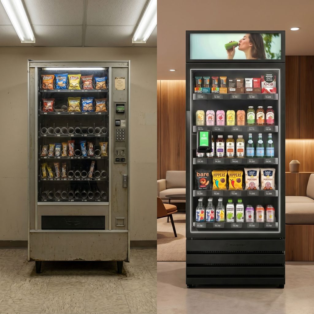 Side-by-side comparison of traditional vending machine versus modern smart vending cabinet with cashless payment.