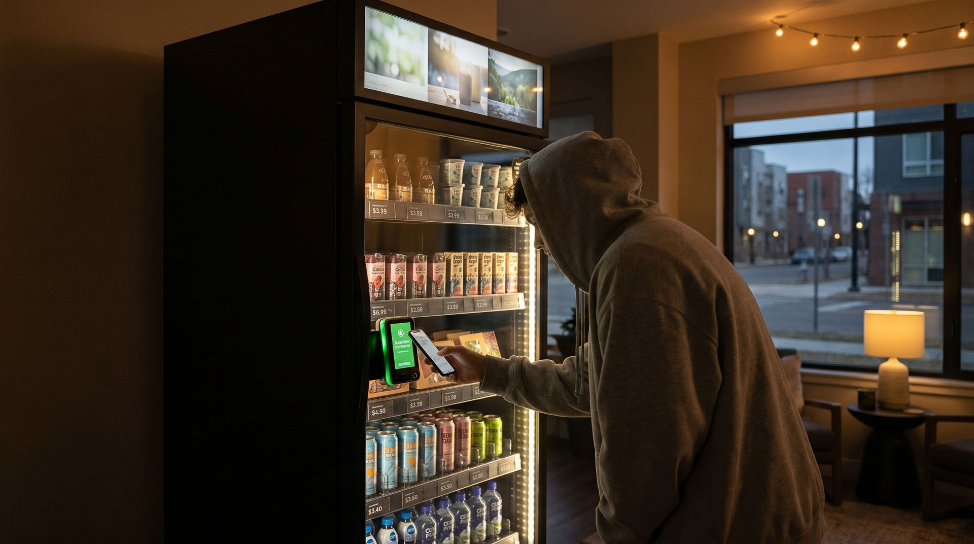 College student purchasing a late-night snack at a university dorm lobby smart store.