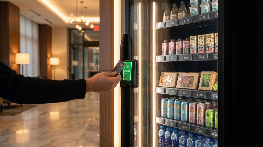 Tapping a credit card on a digital payment terminal at a smart store.