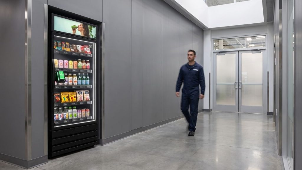 Smart vending machine placed in a hallway alcove near factory floor access, illustrating ideal break-area placement