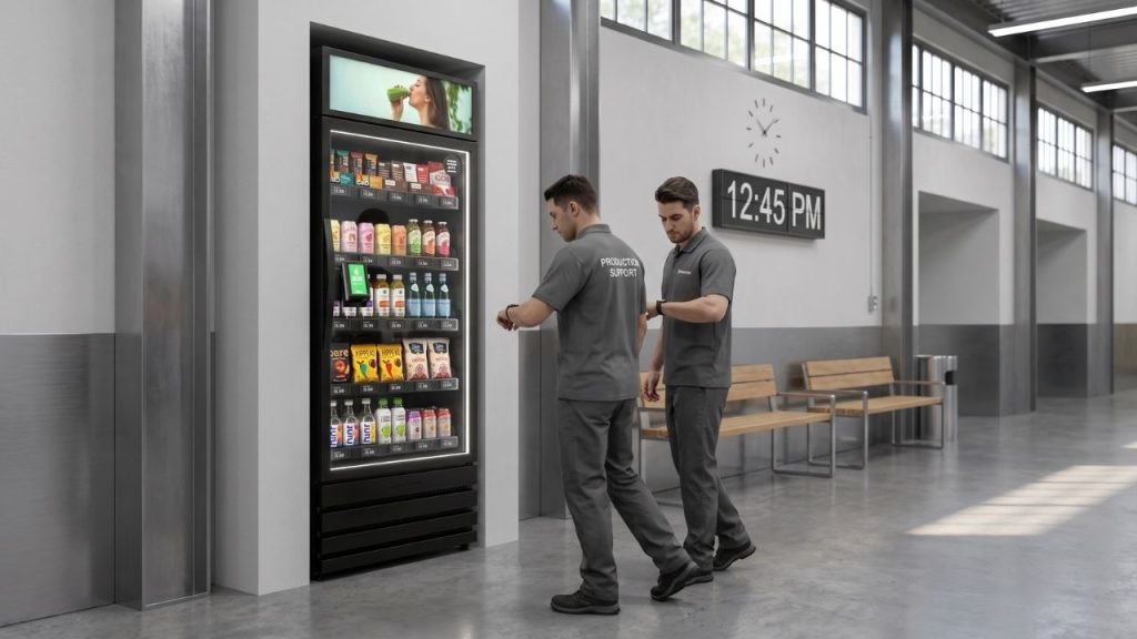 Smart vending machine positioned near a timed-break area adjacent to a production support zone