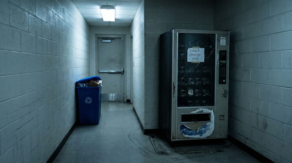 Outdated vending machine poorly placed in a dim building corridor illustrating common property vending mistakes.
