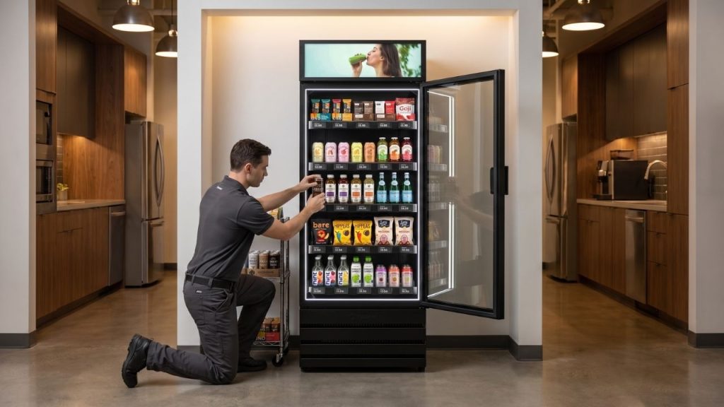 Vending service provider restocking and maintaining the smart vending machine at a manufacturing facility