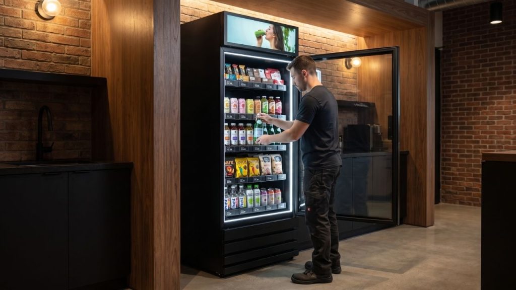 Vending service technician restocking and servicing the smart vending machine, representing full-service provider maintenance