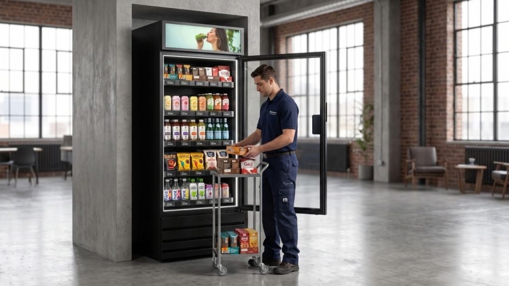 Service technician restocking a smart vending machine inside an industrial park facility.
