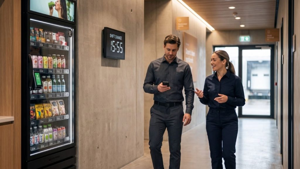 Industrial employees pausing during a shift change near a break area, illustrating when vending convenience matters most