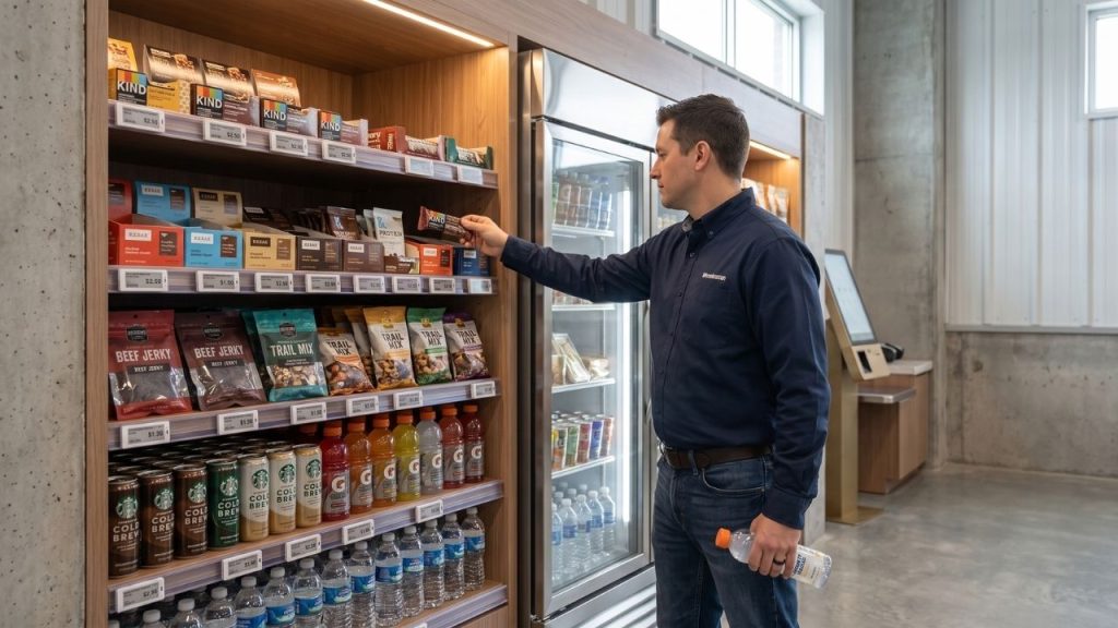 Warehouse worker selecting a protein bar and drink from micro market shelving stocked for physical shift work